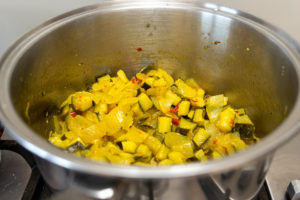 Zucchini relish cooked down until there is almost no liquid