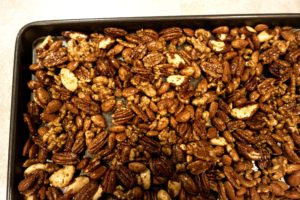 Nut mixture spread onto baking tray